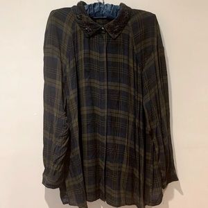 Zara Embellished Floral Collar Plaid Button Down